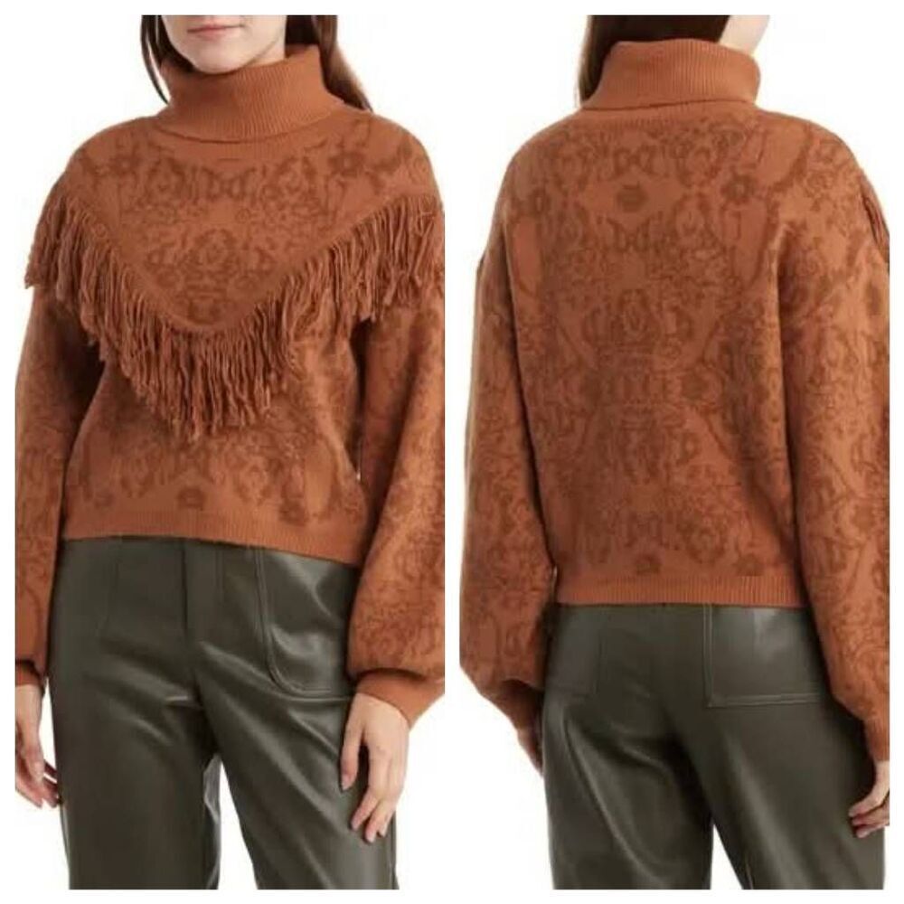 Grey Collective Fringe Sweater Women's Large Brown Long Sleeve Pullover‎ Stretch